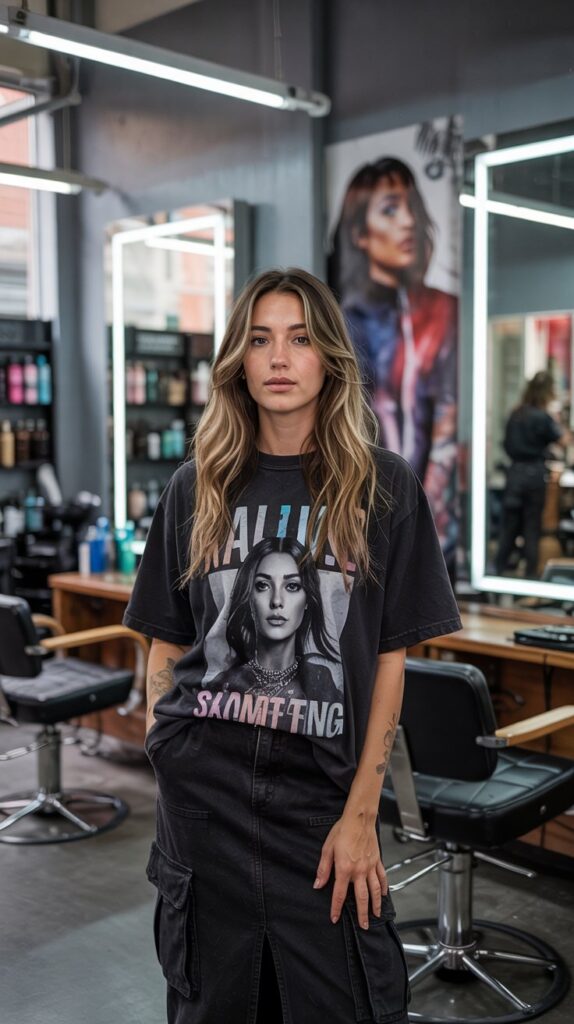 Black Graphic Tee with Black Cargo Skirt