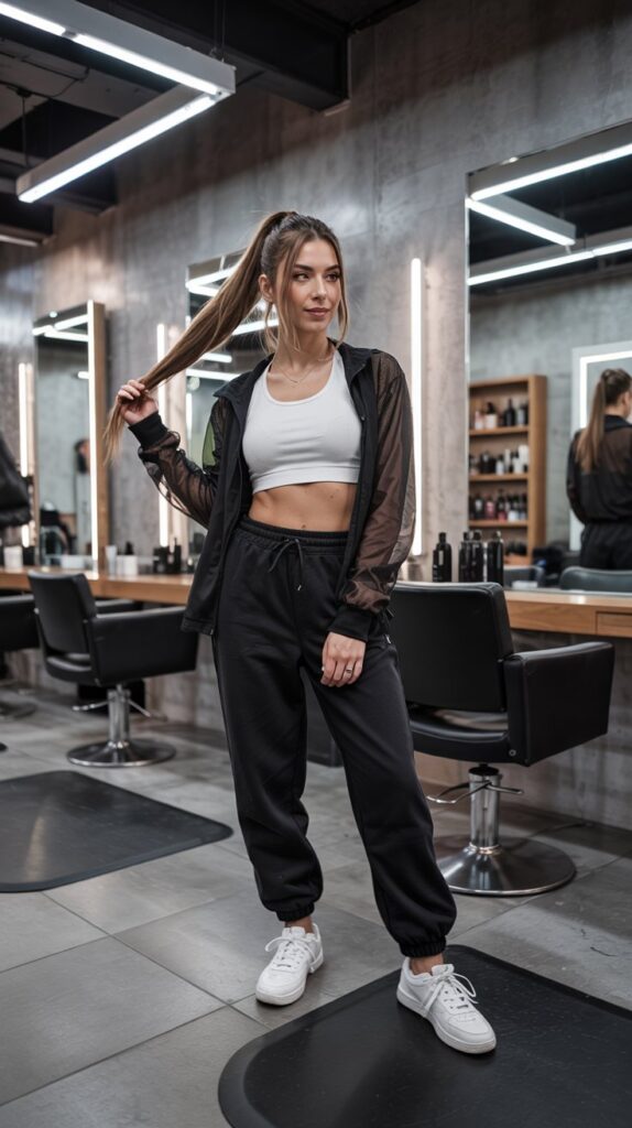 27 Trendy Baddie Hairstylist Outfits for Work 24 Mesh Long-Sleeve Top with Sports Bra and Joggers