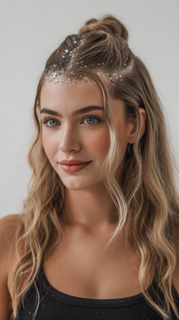 Top 27+ Half-Up Half-Down Prom Hairstyles 21 Half-Up with Glitter Roots