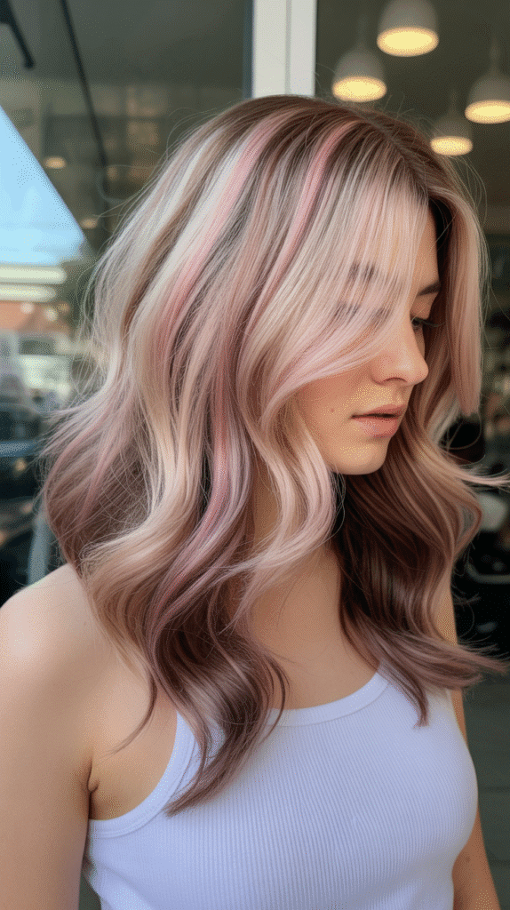 Champagne Rose Blonde Highlights with Mauve Brown Lowlights