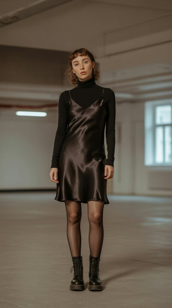 40 Winter Outfit Ideas for Women to Stay Warm and Stylish 18 Turtleneck under Slip Dress with Tights