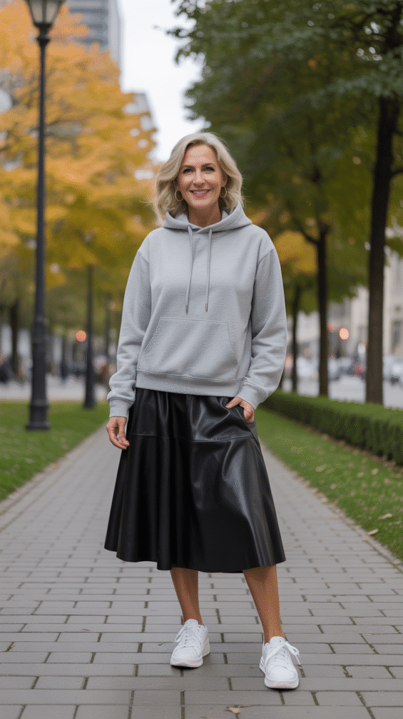 30 Stylish Casual Fall Outfits for Women Over 40 27 Pullover Hoodie with Midi Skirt