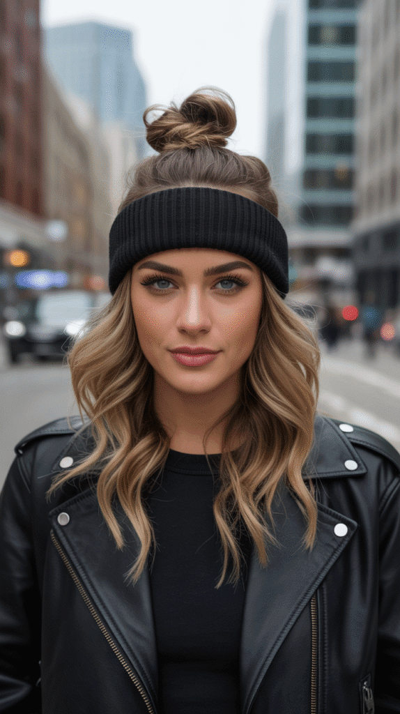 33 Cozy Cute Winter Hairstyles with Beanies 6 Textured Half-Up Top Knot with Beanie