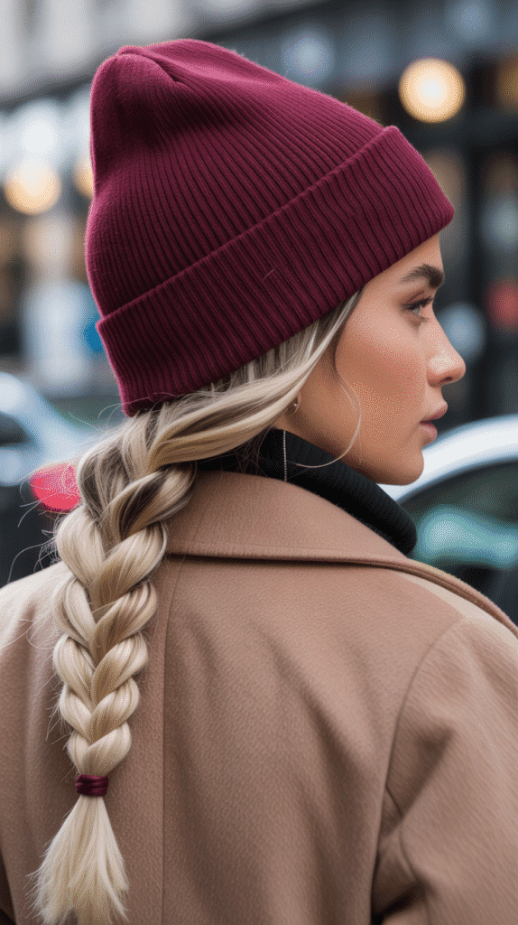 33 Cozy Cute Winter Hairstyles with Beanies 22 Pulled-Through Braid with Fitted Beanie