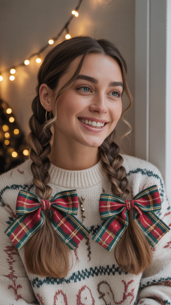 30 Must-Try Winter Hair Braid Trends for 2025 19 French Braid Pigtails with Ribbon Bows