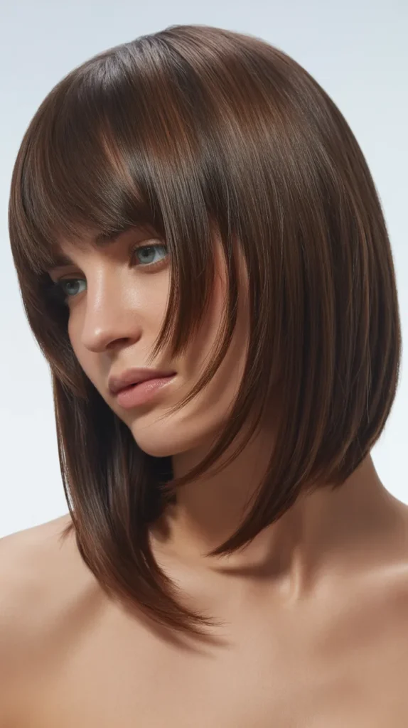 Asymmetrical Long Bob with Angled Bangs and Graduated Layers