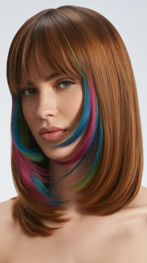  Long Bob with Curtain Bangs and Hidden Rainbow Color