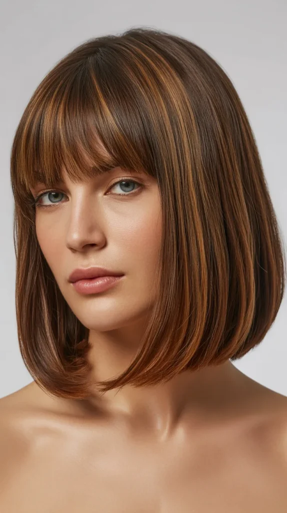 Long Bob with Curtain Bangs and Lowlights