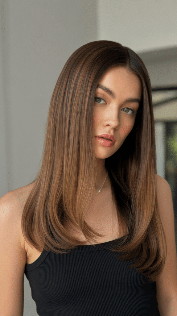 25 Beautiful Brown Wig with Caramel Highlights 5 Sleek Straight Brown Wig with Subtle Caramel Lowlights