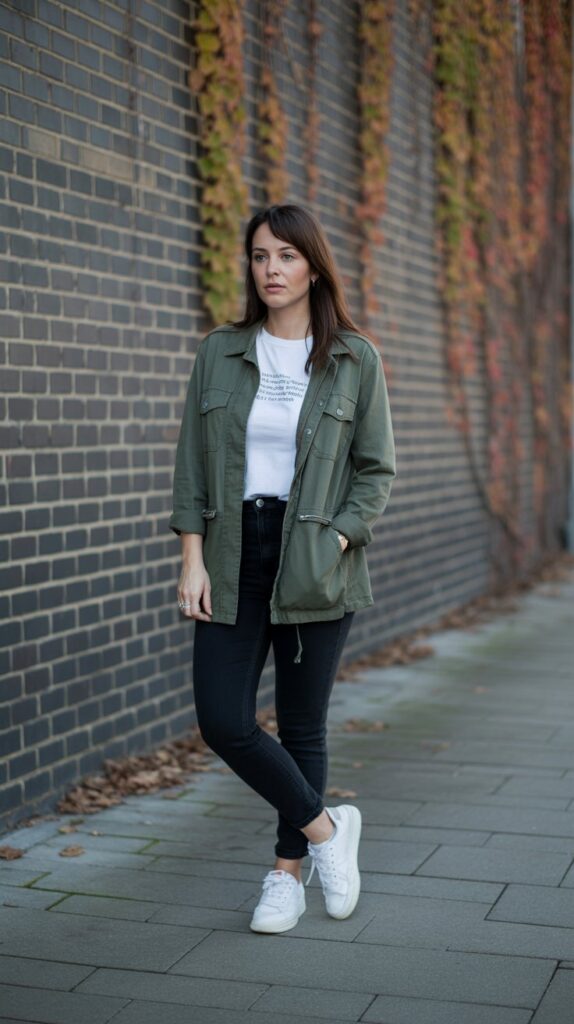 30 Best Casual Fall Outfits for Women 2025 7 Utility Jacket with Graphic Tee and Black Jeans