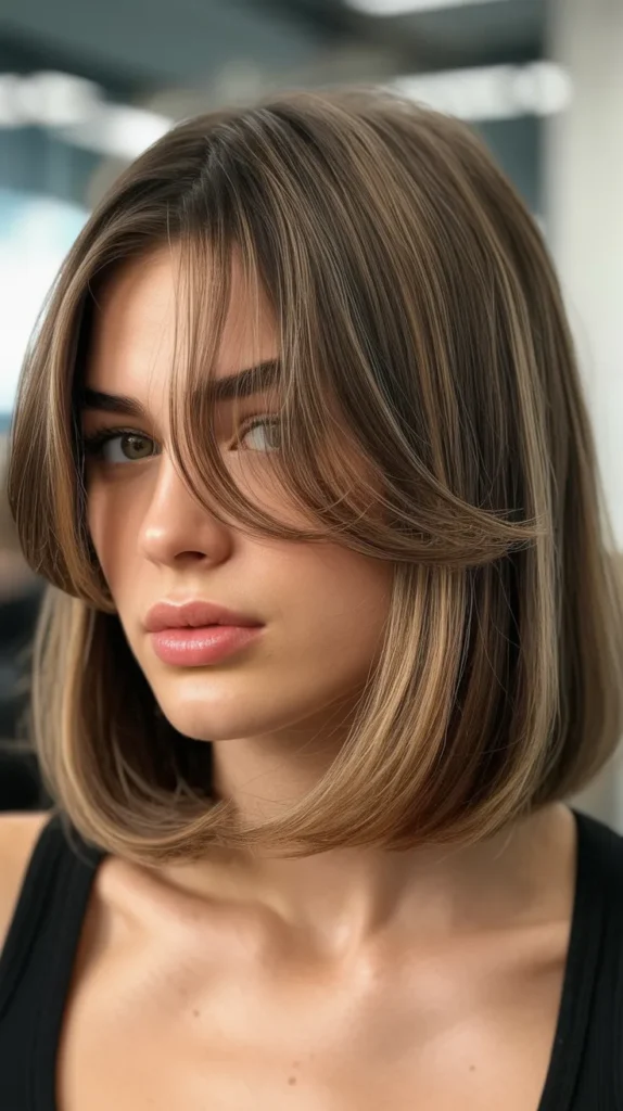  Long Bob with Curtain Bangs and Root Lift