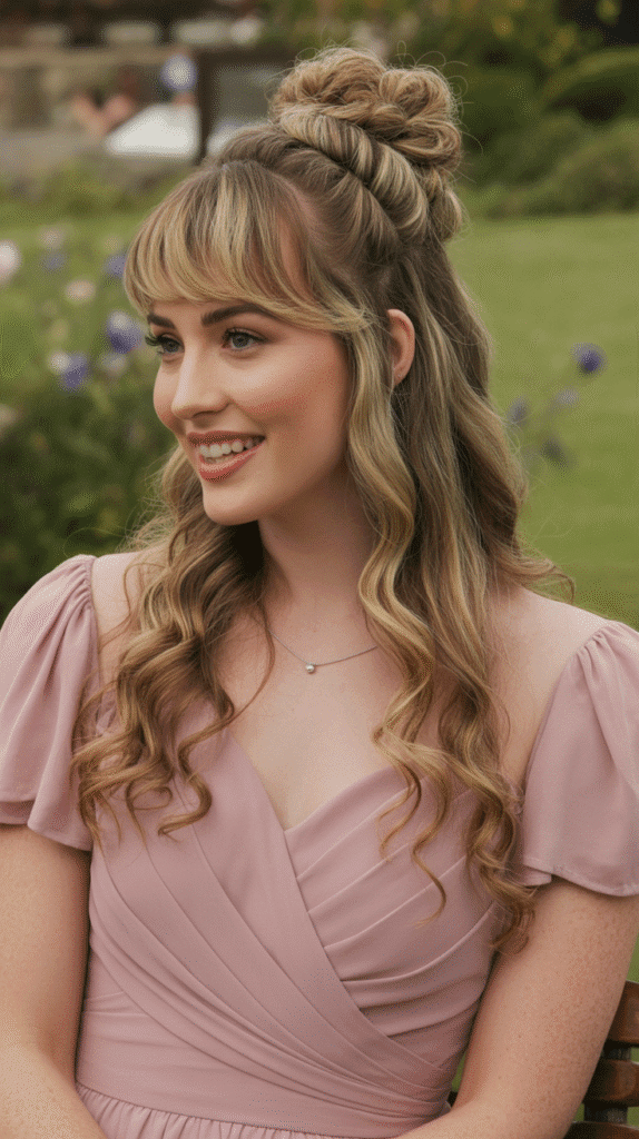30+ Classy Bridesmaid Updo Hairstyles with Bangs 18 Twisted Half-Up Bun with Side Bangs