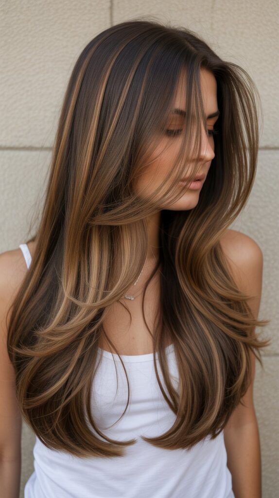 30 Caramel Highlights on Layered Brown Hair 24 Caramel Highlights on Long Cascading Layers