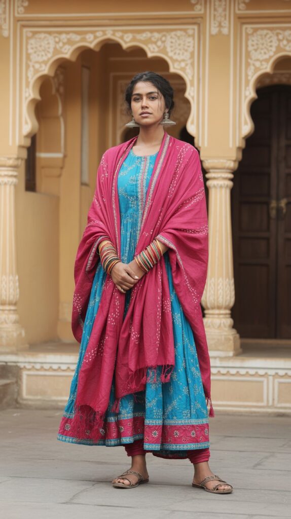 22 Gorgeous Indian Winter Outfits for Women You'll Love 19 Bandhani Suit with Woolen Stole