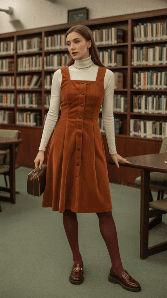 24 Elegant Winter Dress Outfits for Women for Every Occasion 7 Corduroy Dress with Tights and Loafers