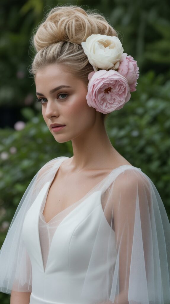 30+ Stunning Beach Wedding Hairstyles That Will Make Waves 24 Flower-Adorned High Bun