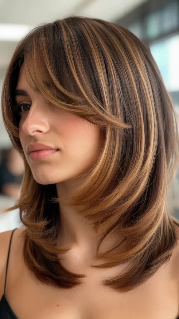 Layered Long Bob with Curtain Bangs and Face-Framing Highlights