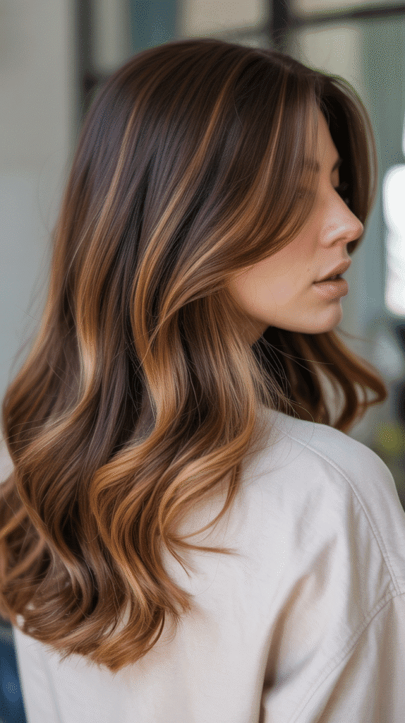 30+ Dark Brown Hair Color Ideas to Add Depth and Dimension 22 Walnut Brown with Caramel Swirls