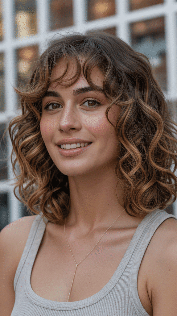 Long Bob with Curtain Bangs and Caramel Highlights