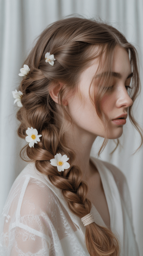 30 Winter Hair Braids Inspired by Aespa 7 Waterfall Braid with Winter Florals