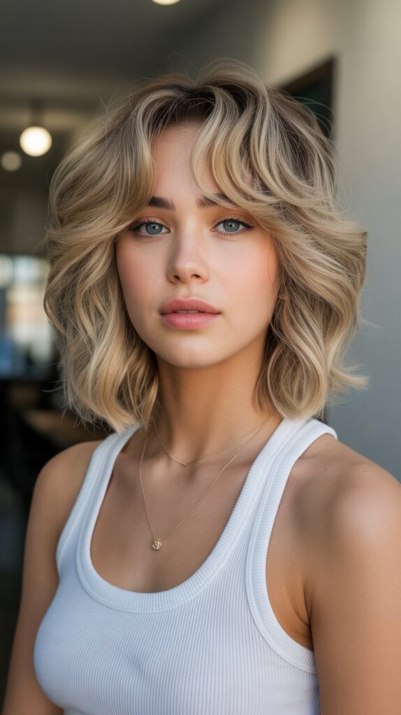 Wavy Textured Bob with Curtain Bangs for Fine Hair