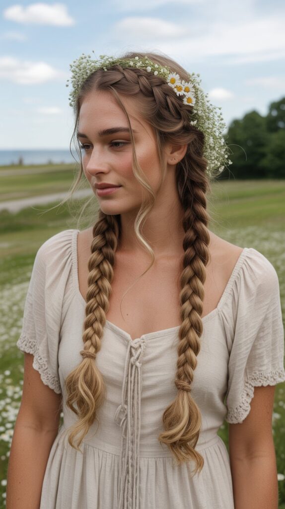 30+ Stunning Beach Wedding Hairstyles That Will Make Waves 32 wo braids wrapped over top of head meeti 3tNFtq0NRjy 1YoAoSCzGg PAcK583cTCOhqFsNkneujg