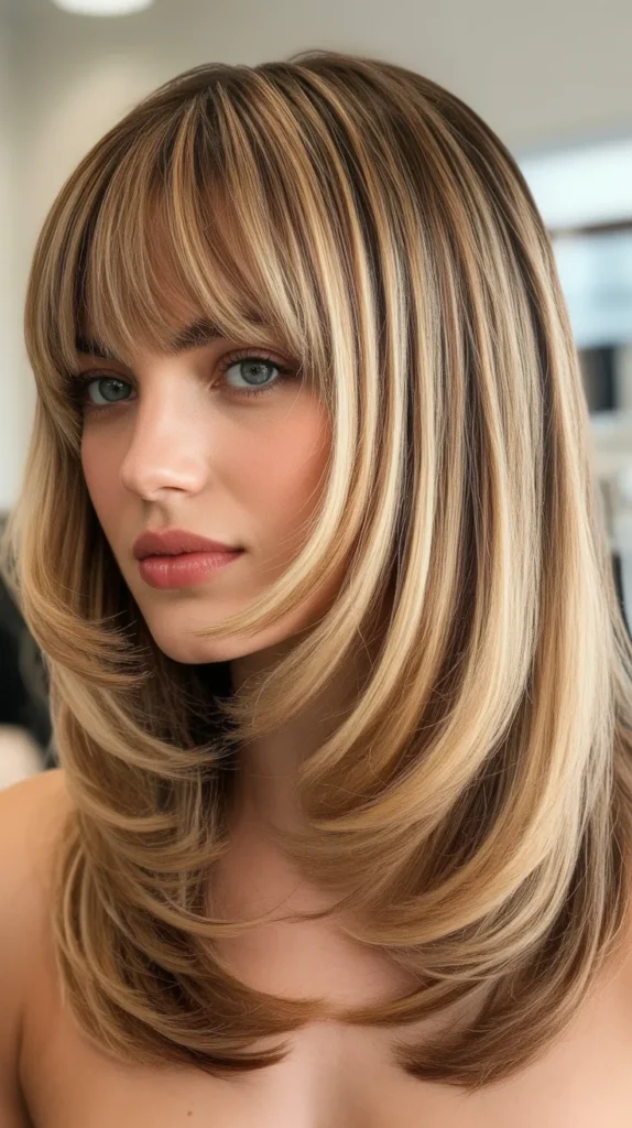 Honey Blonde Long Bob with Curtain Bangs and Subtle Highlights