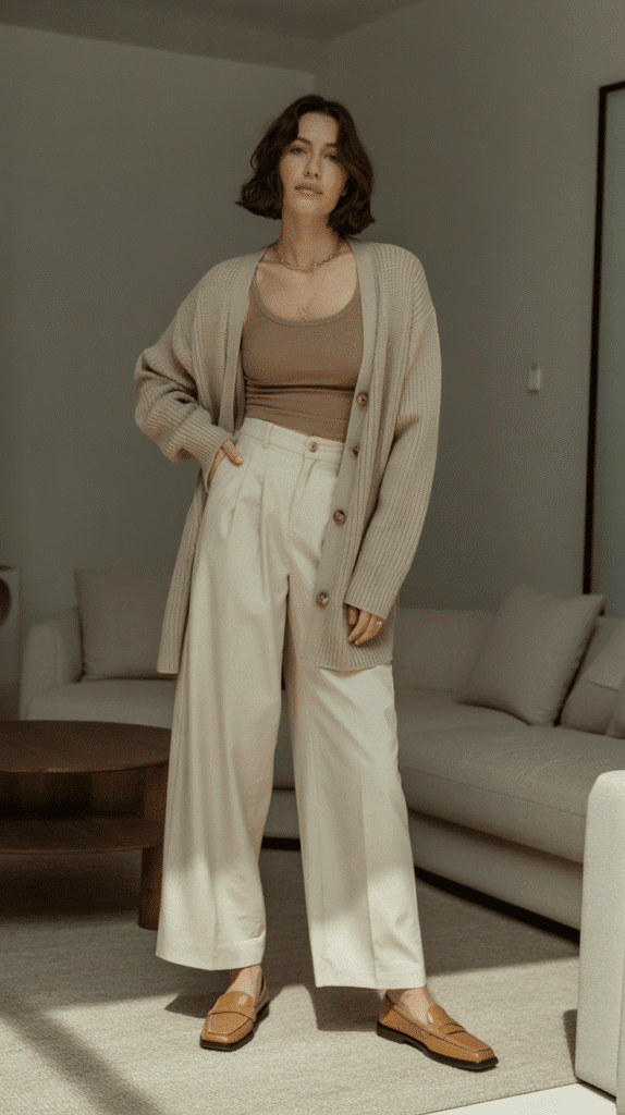 Cardigan Set with Wide-Leg Trousers
