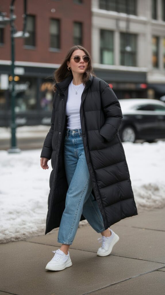 25 Casual Winter Outfits for Women That Are Cute and Comfy 2 Longline Puffer Coat with Jeans and Sneakers