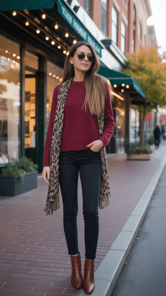 32 Casual Fall Outfits for Women with Jeans 26 Black Jeans with Burgundy Sweater and Leopard Scarf