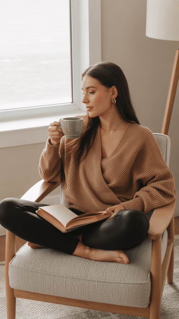 30 Trendy DTI Self Care Sunday Outfit Ideas for Women 16 Wrap Sweater with Leggings