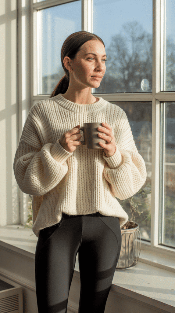 30 Trendy DTI Self Care Sunday Outfit Ideas for Women 2 Oversized Sweater with Leggings