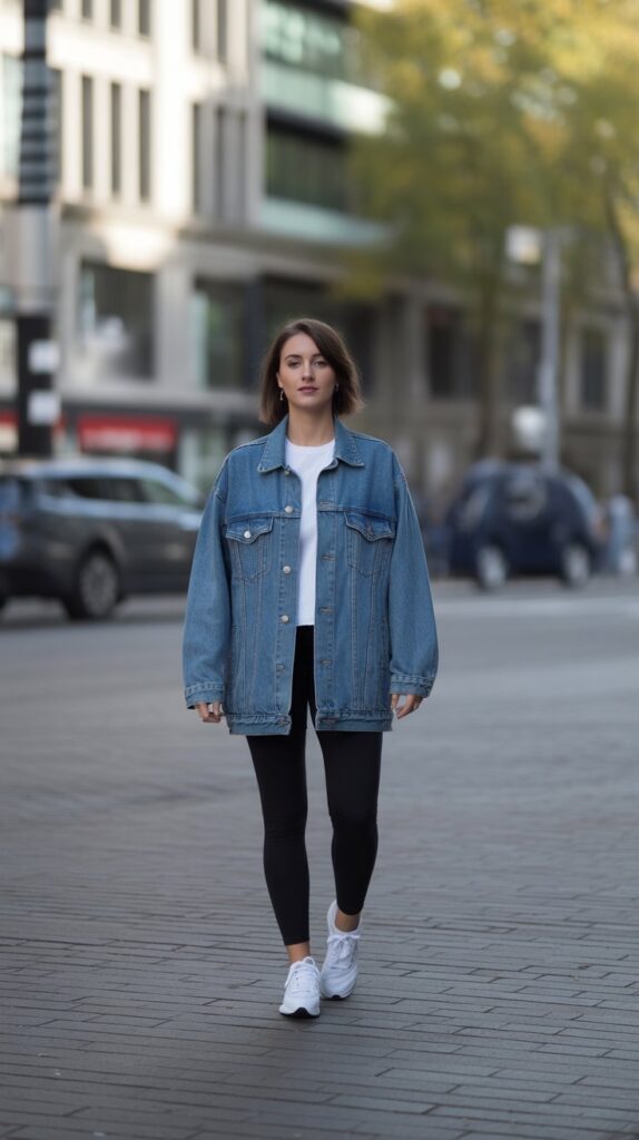 33 Trendy Casual Fall Outfits for Women with Leggings 6 Denim Jacket and Leggings