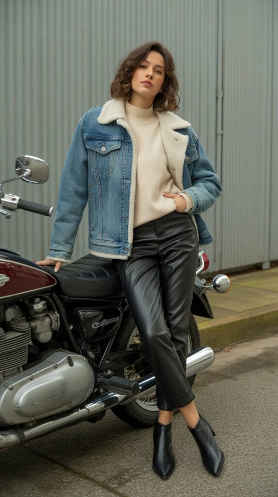 25 Casual Winter Outfits for Women That Are Cute and Comfy 24 Denim Shearling Jacket with Sweater, Leather Pants, and Booties