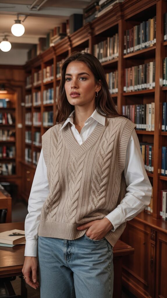 32 Casual Night-Out Fall Outfits for Women 30 Sweater Vest Layered Over Button-Down