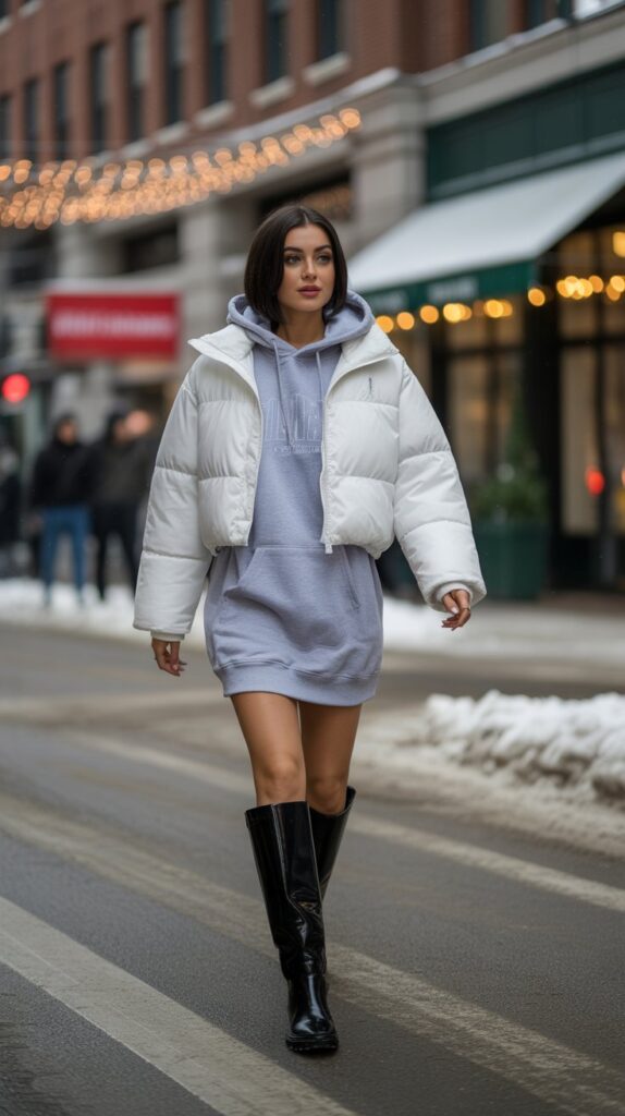 25 Casual Winter Outfits for Women That Are Cute and Comfy 22 Cropped Puffer Jacket with Hoodie Dress and Knee-High Boots