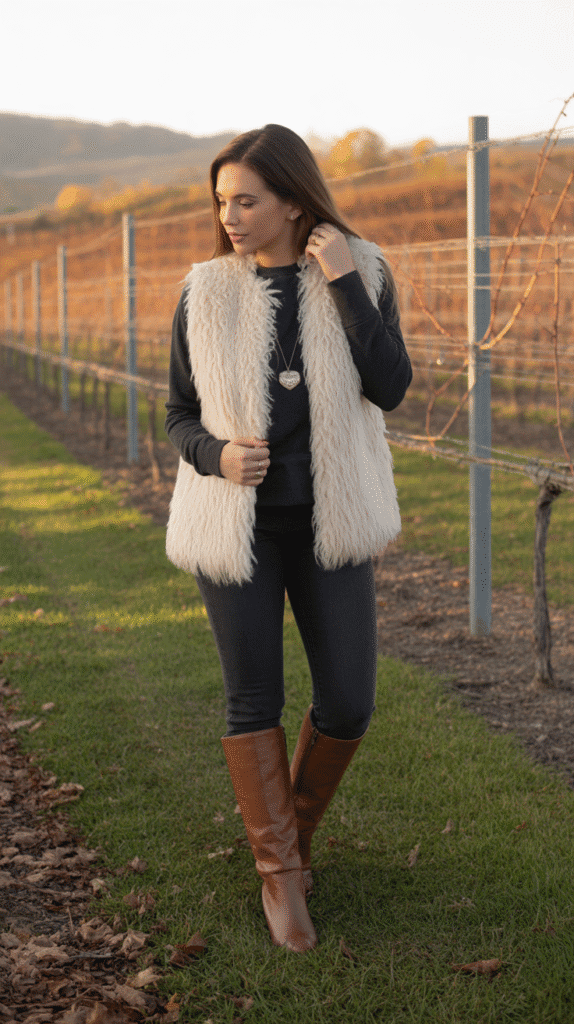 32 Casual Fall Outfits for Women with Jeans 18 Jeans with Faux Fur Vest and Long-Sleeve Tee