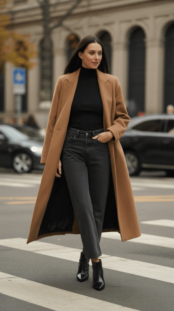 32 Casual Fall Outfits for Women with Jeans 22 Jeans with Turtleneck and Long Coat