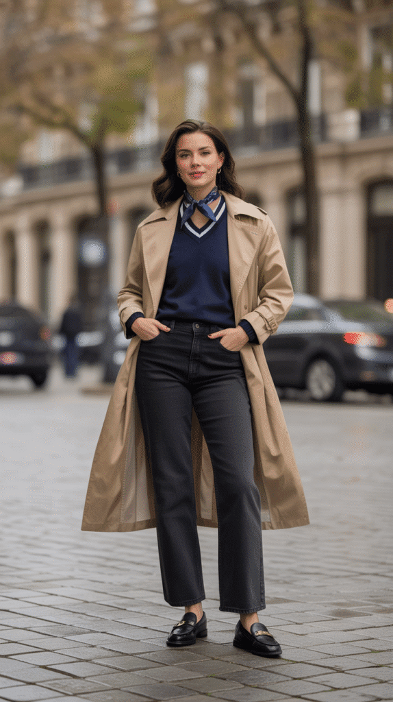 32 Casual Fall Outfits for Women with Jeans 28 Straight Jeans with V-Neck Sweater and Trench Coat