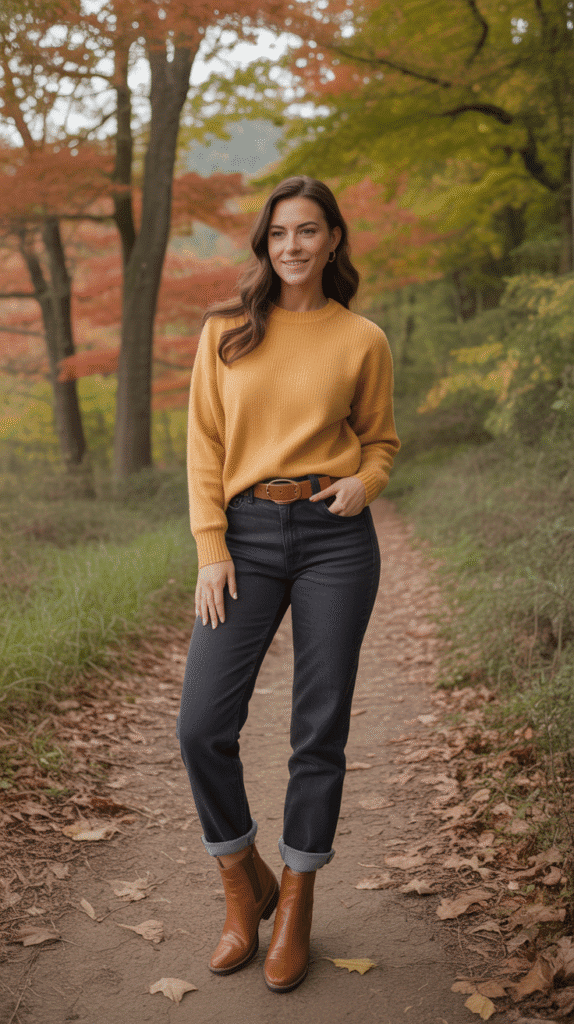 32 Casual Fall Outfits for Women with Jeans 14 Dark Jeans with Mustard Yellow Sweater