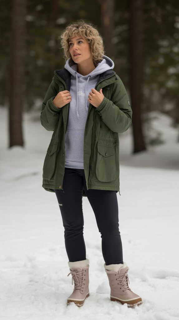 25 Casual Winter Outfits for Women That Are Cute and Comfy 14 Parka with Pullover Hoodie, Leggings, and Snow Boots