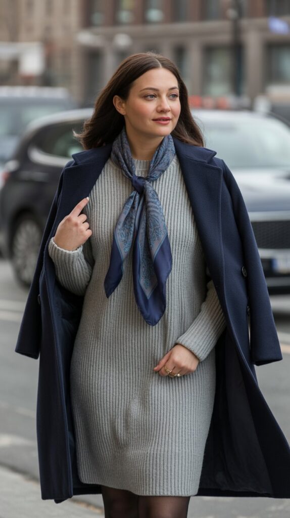 40 Winter Outfit Ideas for Women to Stay Warm and Stylish 16 . Knit Dress with Coat and Scarf