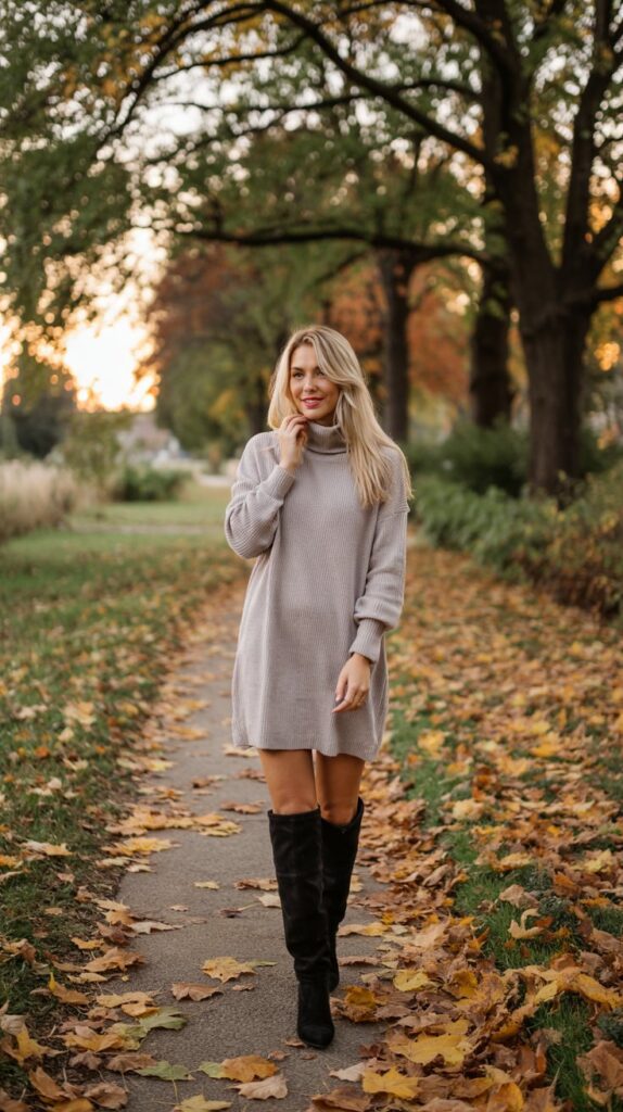 32 Casual Night-Out Fall Outfits for Women 17 Sweater Dress with Knee-High Boots