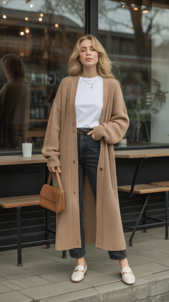 Belted Cardigan with Straight-Leg Jeans