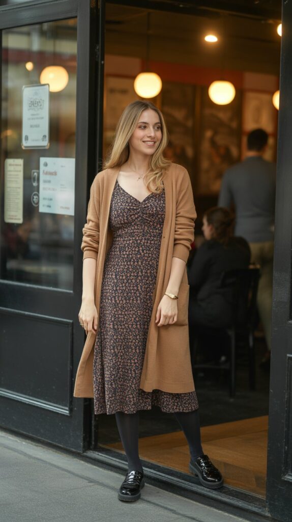 40 Winter Outfit Ideas for Women to Stay Warm and Stylish 4 Long Cardigan over Dress with Tights