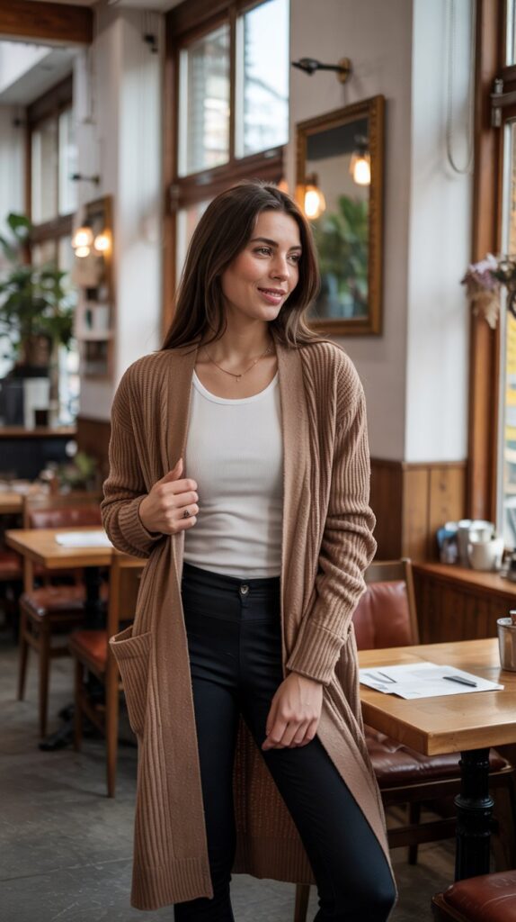 32 Casual Night-Out Fall Outfits for Women 28 Duster Cardigan with Tank and Leggings