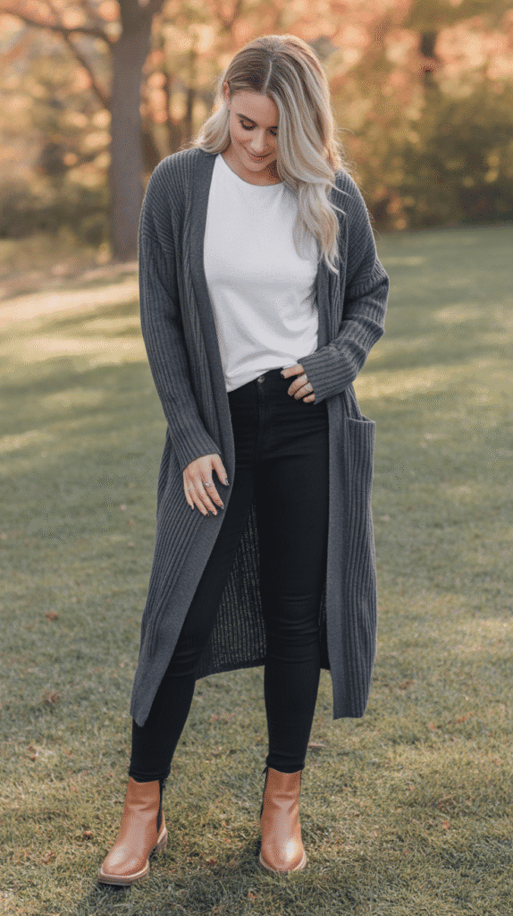 Long Cardigan with T-Shirt and Skinny Jeans