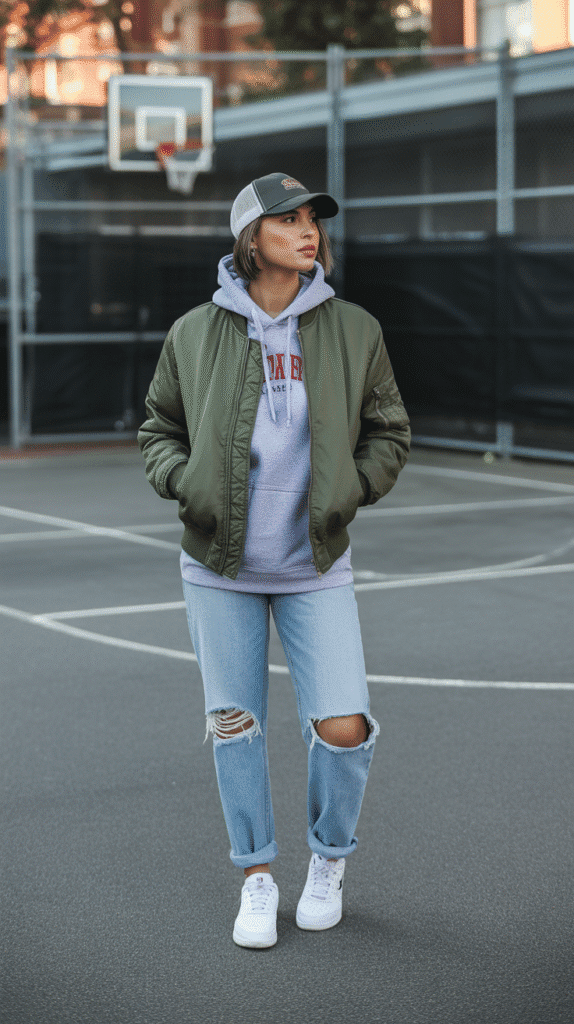 32 Casual Fall Outfits for Women with Jeans 30 Distressed Jeans with Hoodie and Bomber Jacket