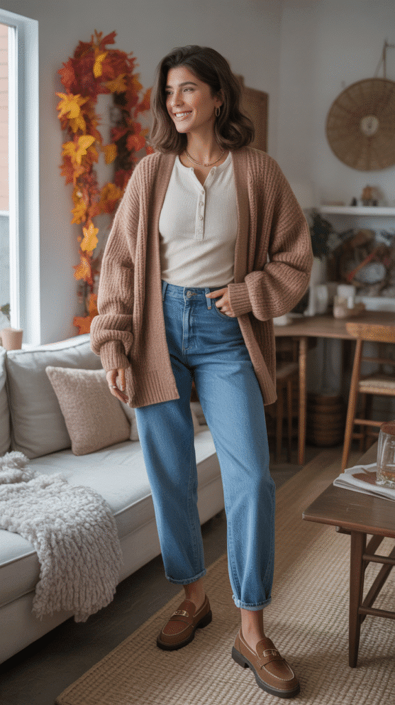 32 Casual Fall Outfits for Women with Jeans 32 Medium-Wash Jeans with Henley and Cardigan