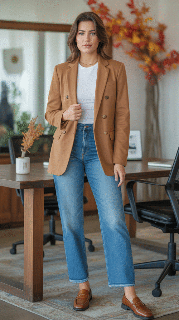 32 Casual Fall Outfits for Women with Jeans 12 Medium-Wash Jeans with Camel Blazer